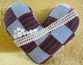 Small heart pillow made from vintage quilt top with button and lace trim 10 x 12 in.