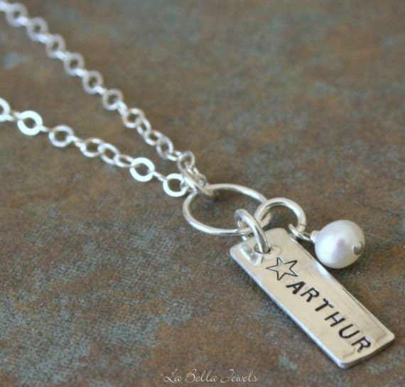 Custom Personalized Hand Stamped Name Tag with Birthstone Necklace for Mom