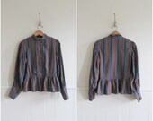 1980s vintage edwardian inspired earthy striped peplum twill blouse