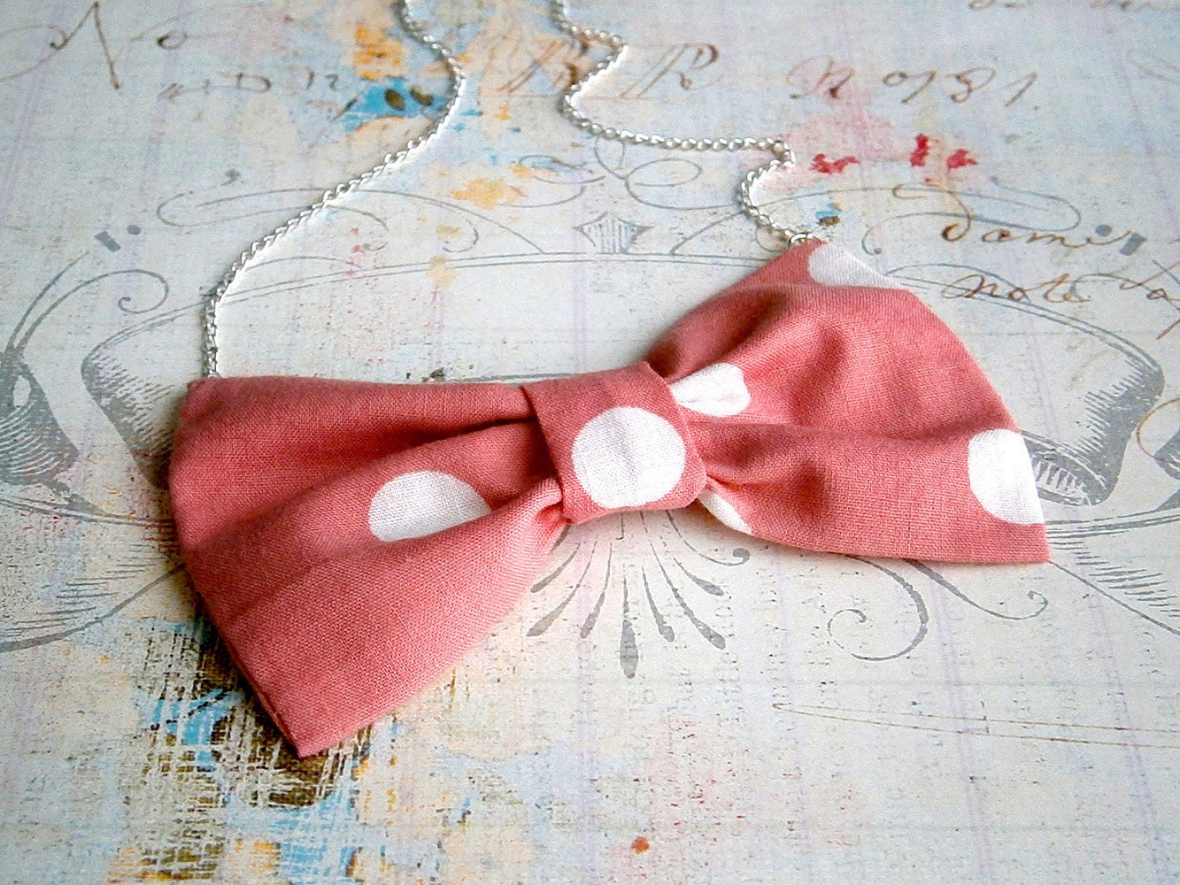 Bow tie necklace... fabric bow pendant with silver chain 20"  ... Coral pink polka dots