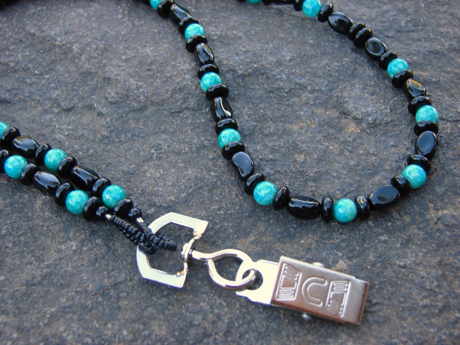 Black and Green teal glass bead ID Badge, name tag or key chain lanyard
