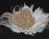 NEW - Pearls and Rhinestone Champagne Cream Peacock Bridal Feather Fascinator - Bridal.Hairpiece