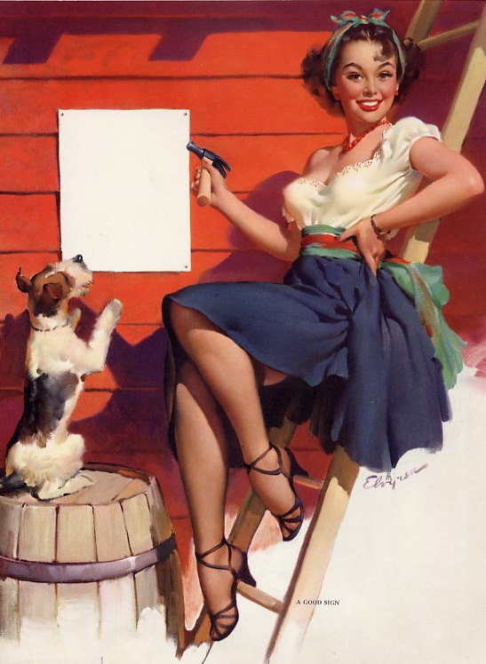Free US shipping Stylish Handprinted Cotton Art Reproduction Applique Vintage Sexy Pin-up Girl Gil Elvgren, "A good sign" , 1951