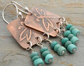 Copper Earrings:  Etched Copper, Turquoise, Sterling Silver, Dragonflies