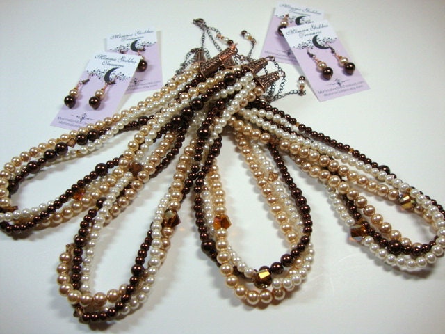 Bridesmaid Chocolate Cream Bronze Pearl Necklace Earring Sets for Four