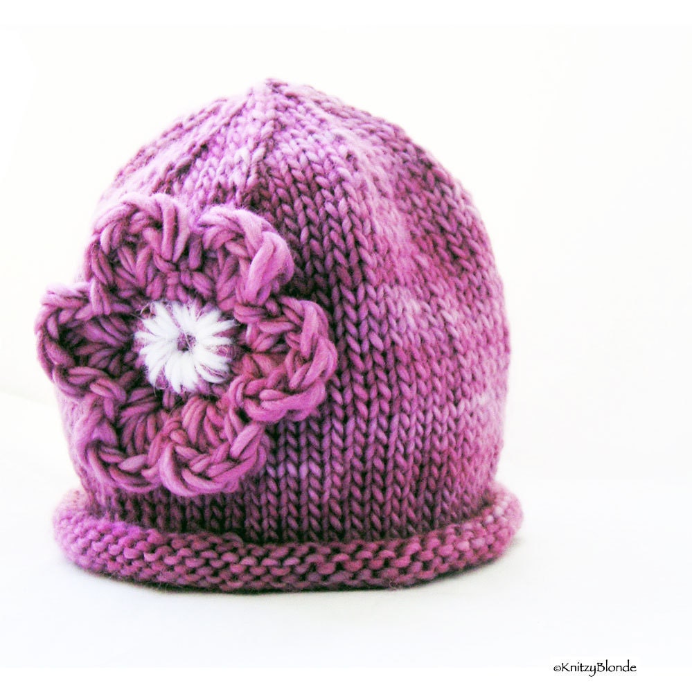 Photo Prop Baby Hat, Hand Knit Cloche, Crochet Pink Violet Flower, Hand Dyed Premium Merino Wool Yarn