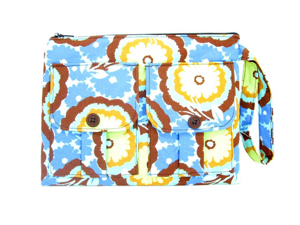 Handmade Wristlet - Chocolate &  Blue Floral Dorothy Wristlet