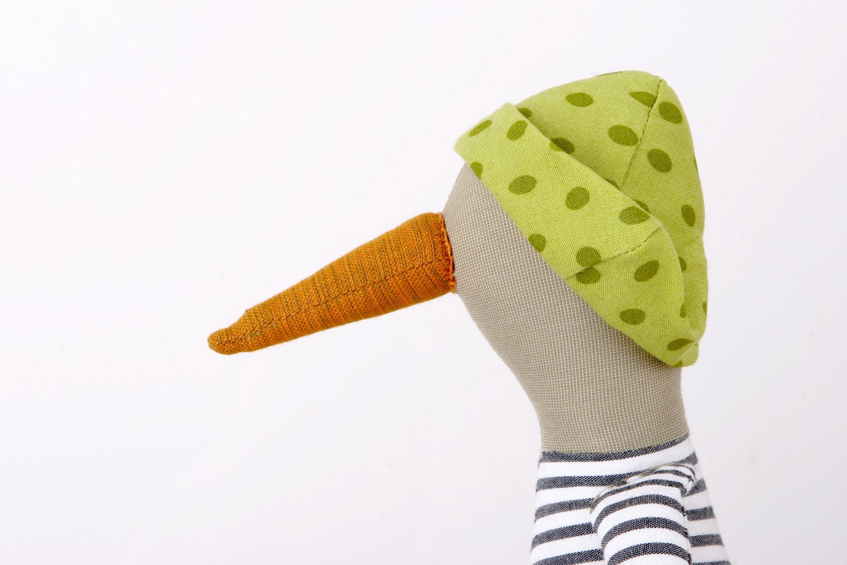 BIRD - Orange beak Duck With Green Dotted hat , Wearing White & Blue stripes Shirt and deep Blue pants -handmade dollfree shipping