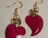 Red Enamel Heart Dangle Earrings - Revamped Vintage Valentine One of a Kind FREE SHIPPING