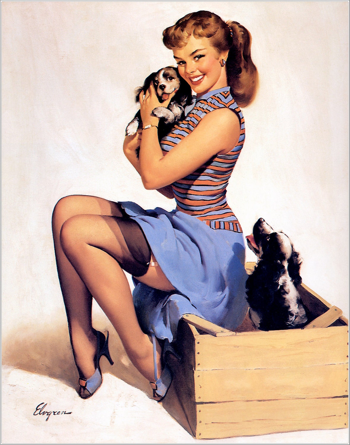 Free US shipping Handprinted Cotton Art Reprodn Applique Vintage Sexy Pin-up Girl Gil Elvgren "Puppy love" , 1957