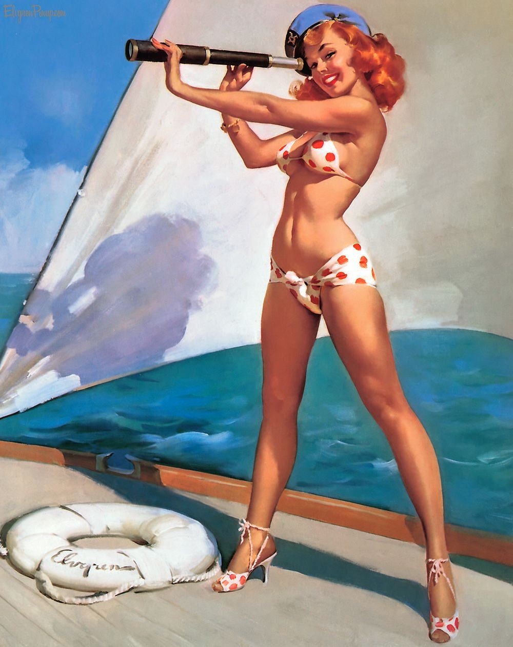 Free US shipping Handprinted Cotton Art Reprodn Applique Vintage Sexy Pin-up Girl Gil Elvgren "Splendid view" , 1960