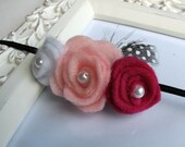 Felt Flower Trio Headband - A Bouquet of Light Pink, Hot Pink and White Flowers with Feather Accent