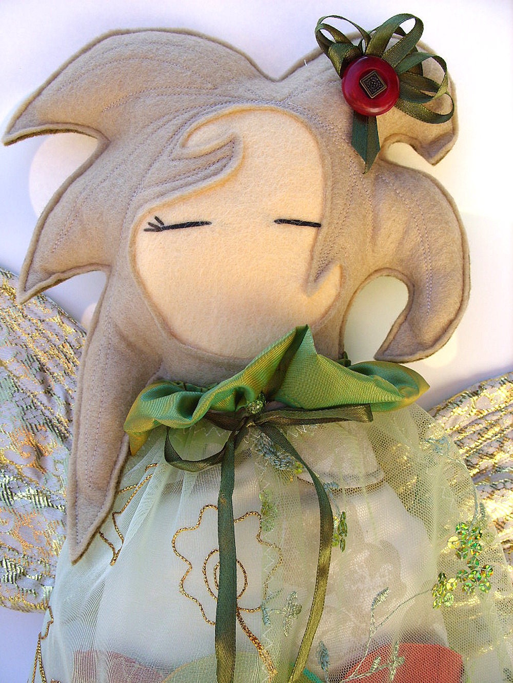 Art Doll Fabric Angel  OOAK. Handmade. Red Green Gold. Large Decorative  Ornament