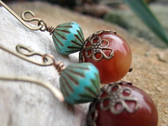 Brown Turquoise Vintage Inspired Earrings - Antiqued Brass Filigree Bead Caps