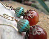 Brown Turquoise Vintage Inspired Earrings - Antiqued Brass Filigree Bead Caps