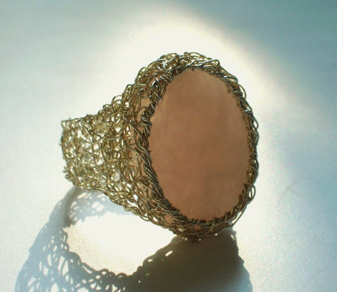Rose Quartz  Wire Crochet Ring Sterling Silver