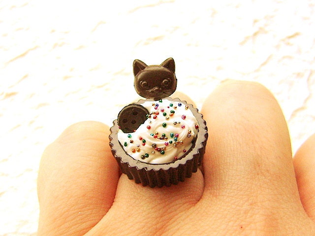 Food Ring Kawaii Dark Chocolate Cup Vanilla Ice Cream Cat Lollipop