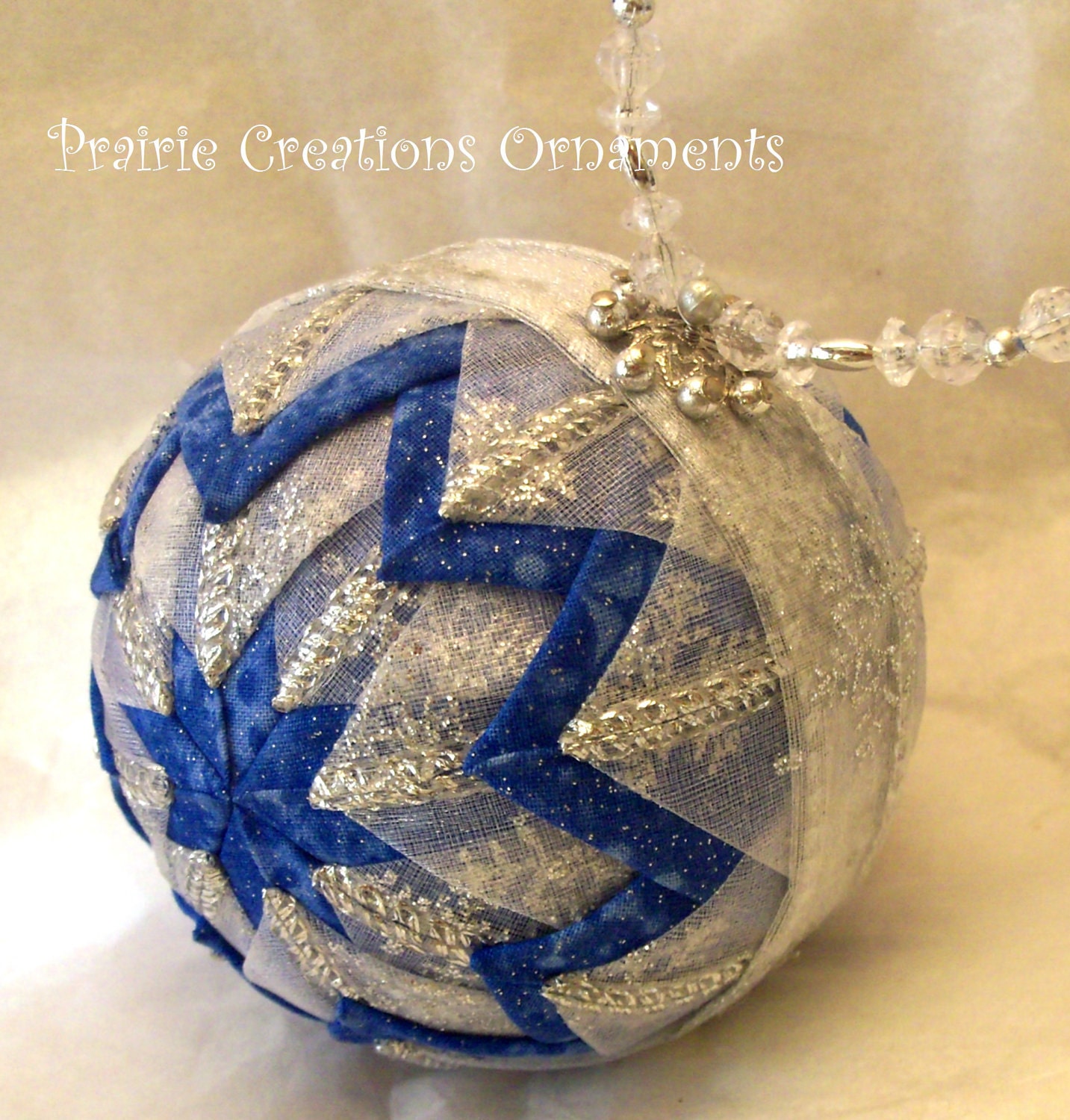 Blue, White  and Silver Snow Quilted Christmas Ball Ornament