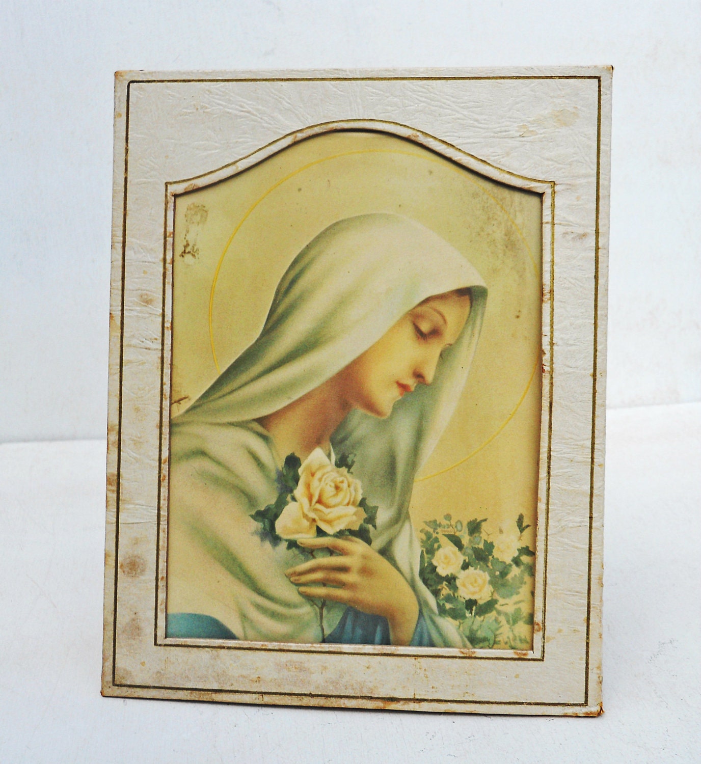 vintage Virgin Mary 1930s picture frame Antique Virgin Mary lithograph