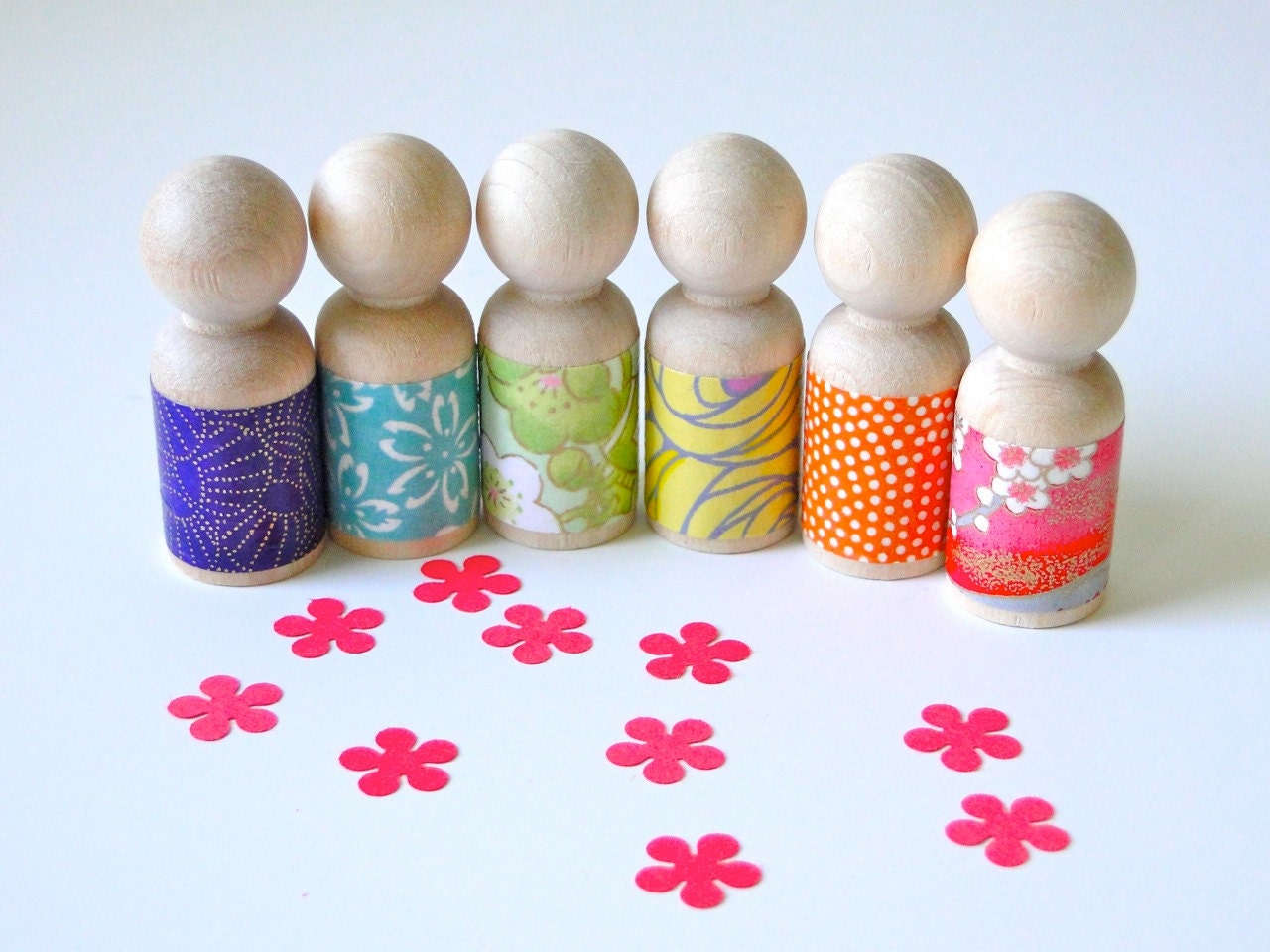 Rainbow Peg Dolls wearing Chiyogami paper for Waldorf, Montessori, educational