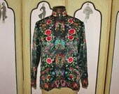 Vintage Late 1960s Black Hand Embroidered 100% Silk Cropped Jacket from the China/Hong Kong Region. Small Medium. US Shipping Included.