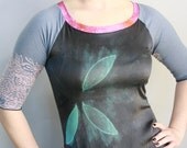 Raglan Shift Dress size small in blue and turquoise shibori dyed stretch silk with tencel jersey sleeves