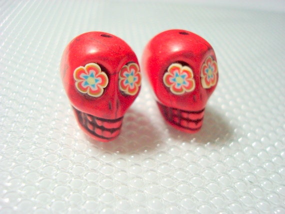 Bright Color Firecracker Flower Eyes in Red Howlite Skull Beads