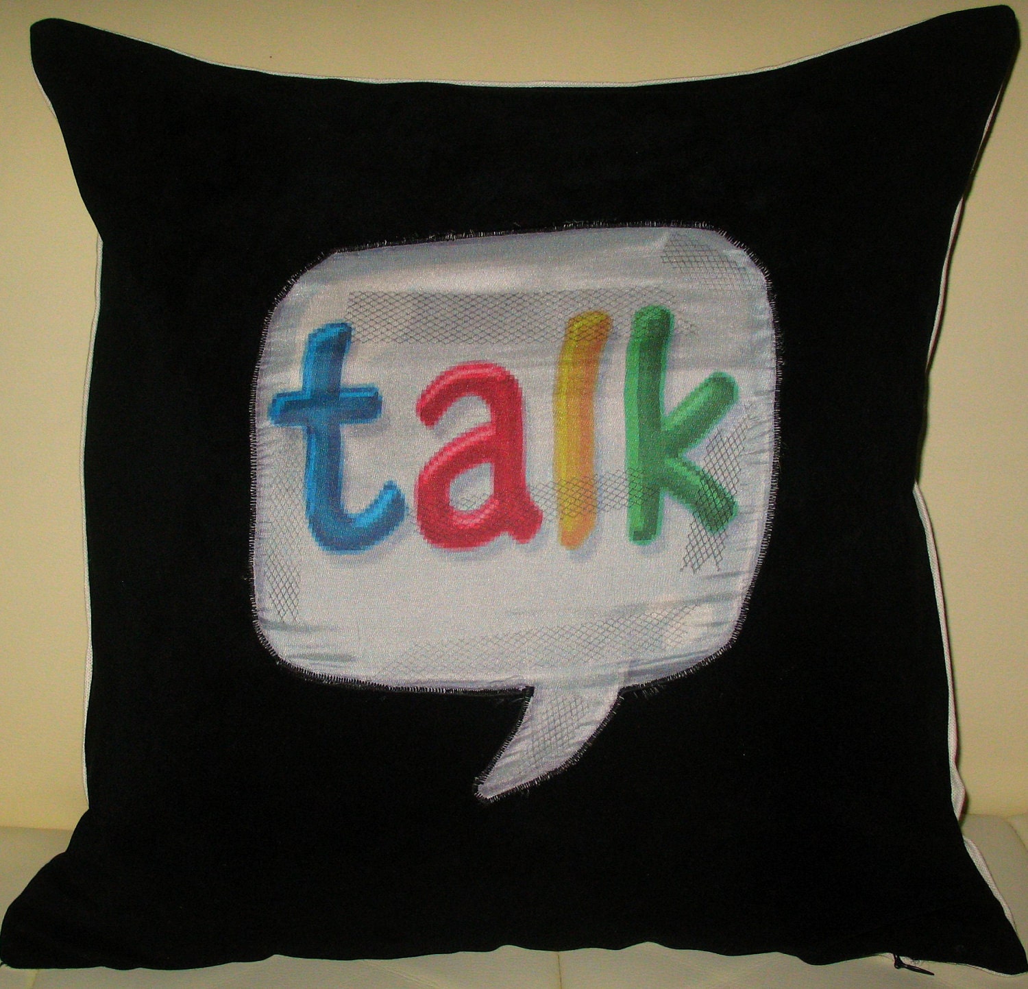 Free US shipping Stylish Unique Designer 16x16 Linen and Suede  Pillow Cover With Handprinted TALK Icon Natural Silk Applique