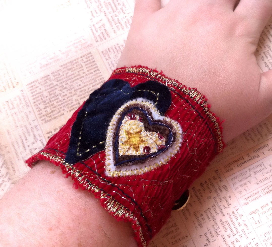 Red Wrist Cuff Bracelet, Corduroy Pocket Textile Bracelet by Everyday Bohemian on Etsy
