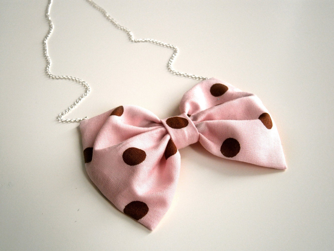 Pink bow tie necklace - fabric bow pendant with silver chain 20" - Baby pink and brown polka dots