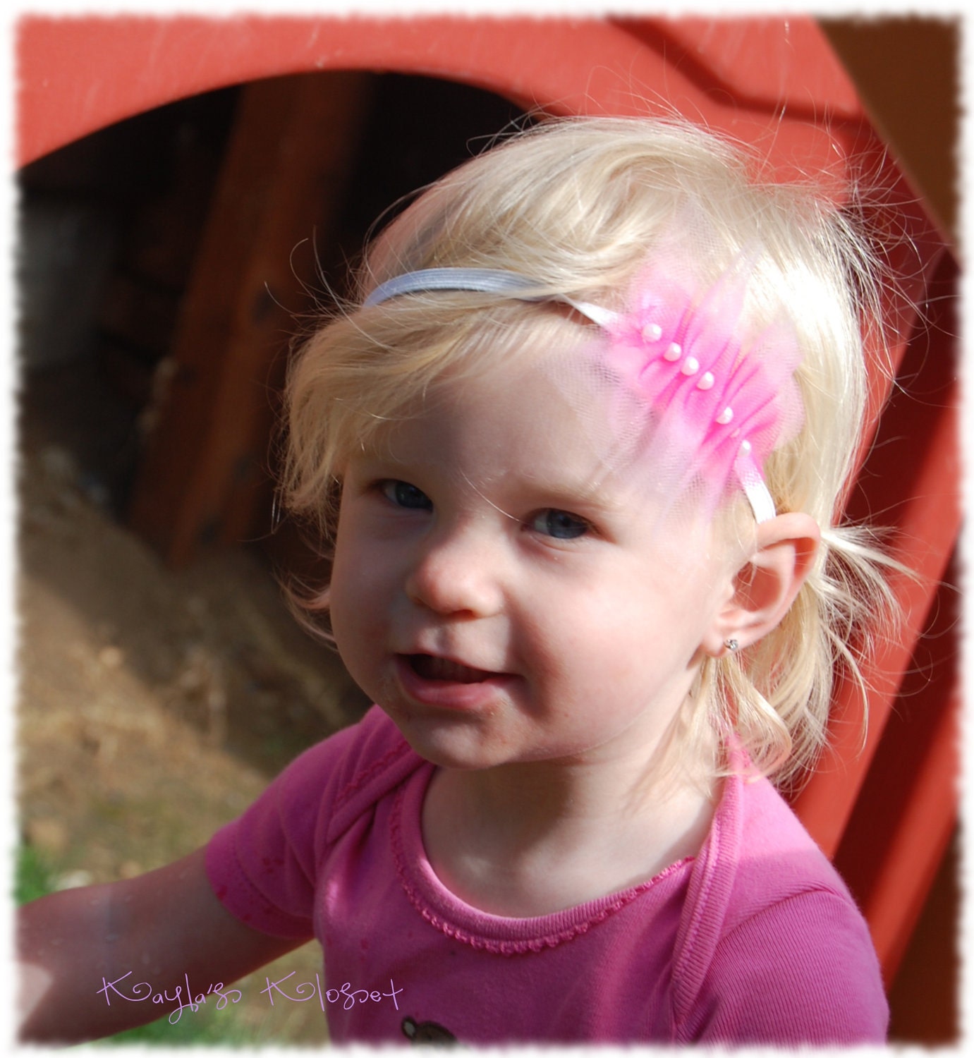 Andie- This Pretty in Pink Ombre and Pearl Ruffle Headband