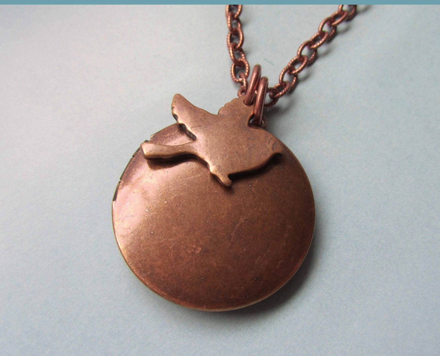 Copper Locket with Bird - Locket Down - Antique Copper Pendant Necklace by Marley Jane Silver textured chain