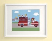 Nursery Wall Art - Koalas in a Fire Engine Children's Bedroom Print