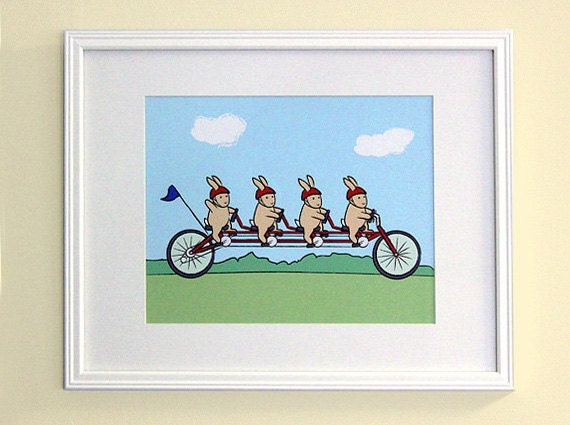 Bunny Nursery Decor - Bicycling Bunnies Kids Bedroom Art Print