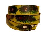 Handmade Leather Belt Screenprinted Peacock Feathers