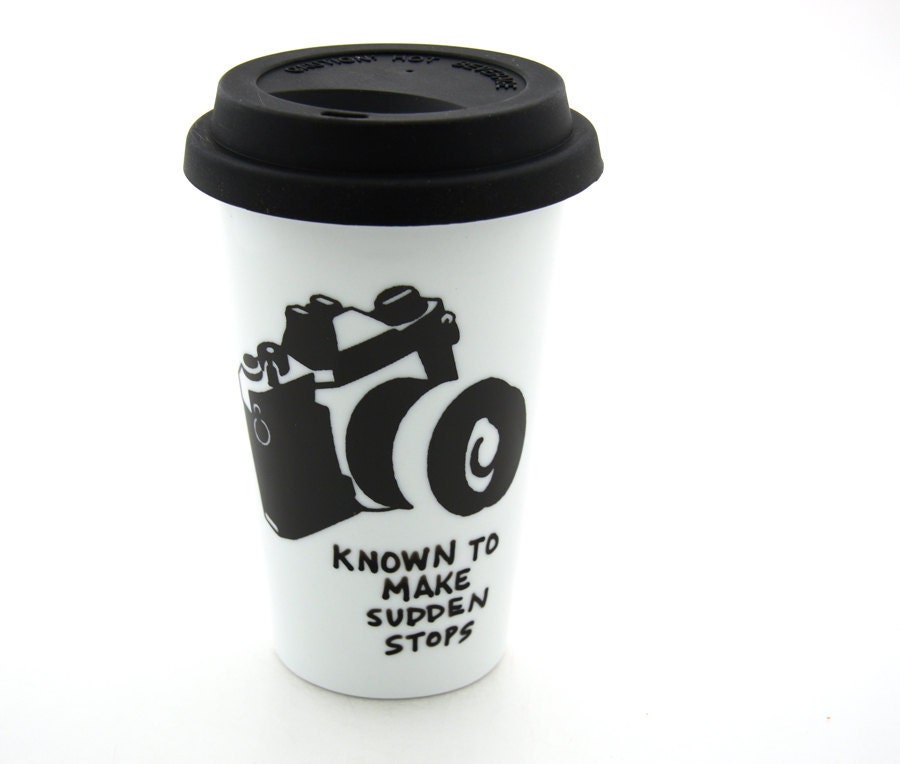 Travel mug with camera Double Walled Porcelain with Lid Kiln Fired