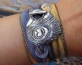 Summer Jewelry, Peacock Feather Bracelet, Hippie Jewelry, Summer Fashion, Fine Silver Sterling Silver Bracelet, Silk Wrap Bracelet