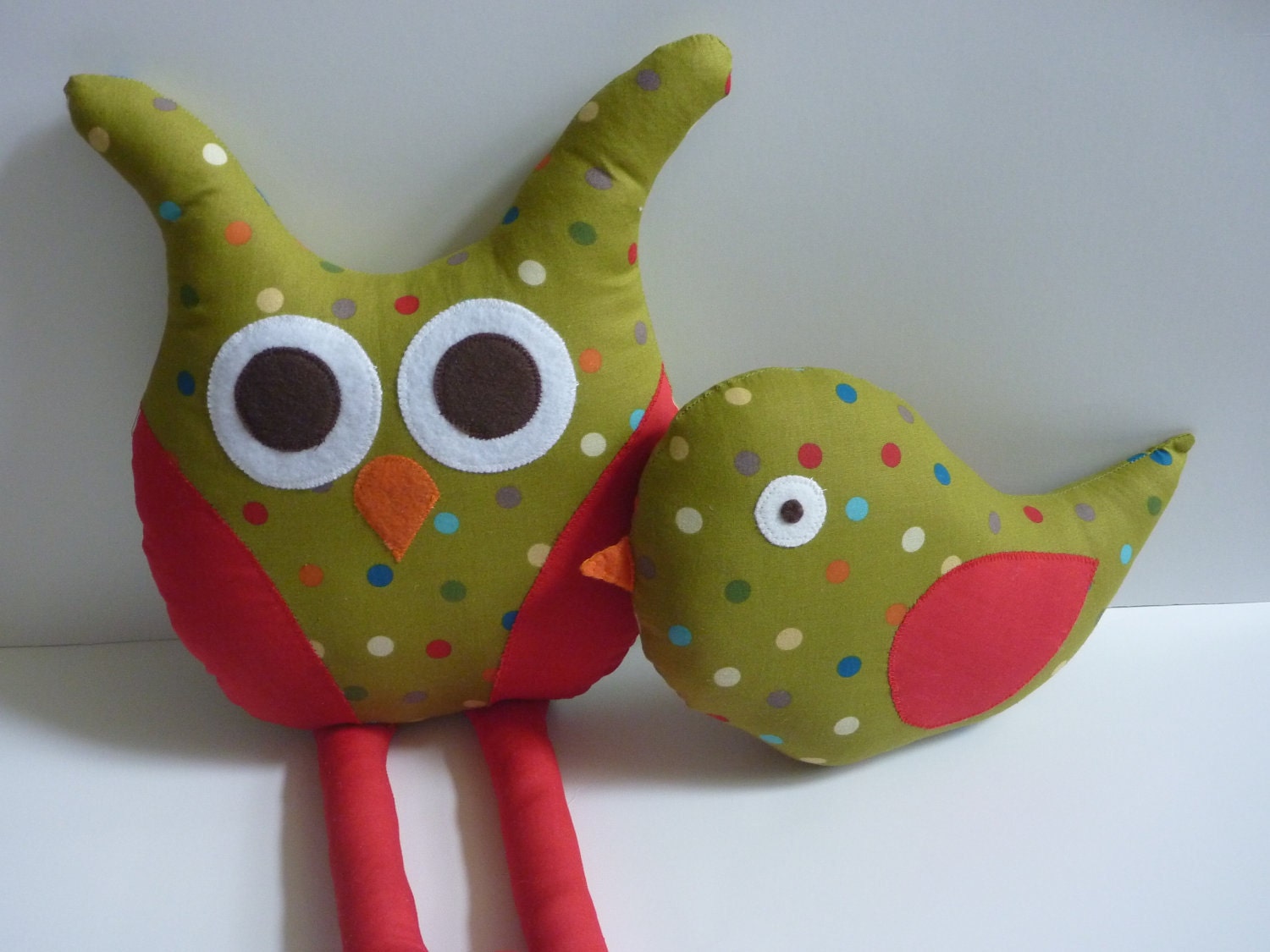 Modern Bird Pillow for Owl or Bird Nursery Decor in Neutral Green, Stuffed Bird, Tree