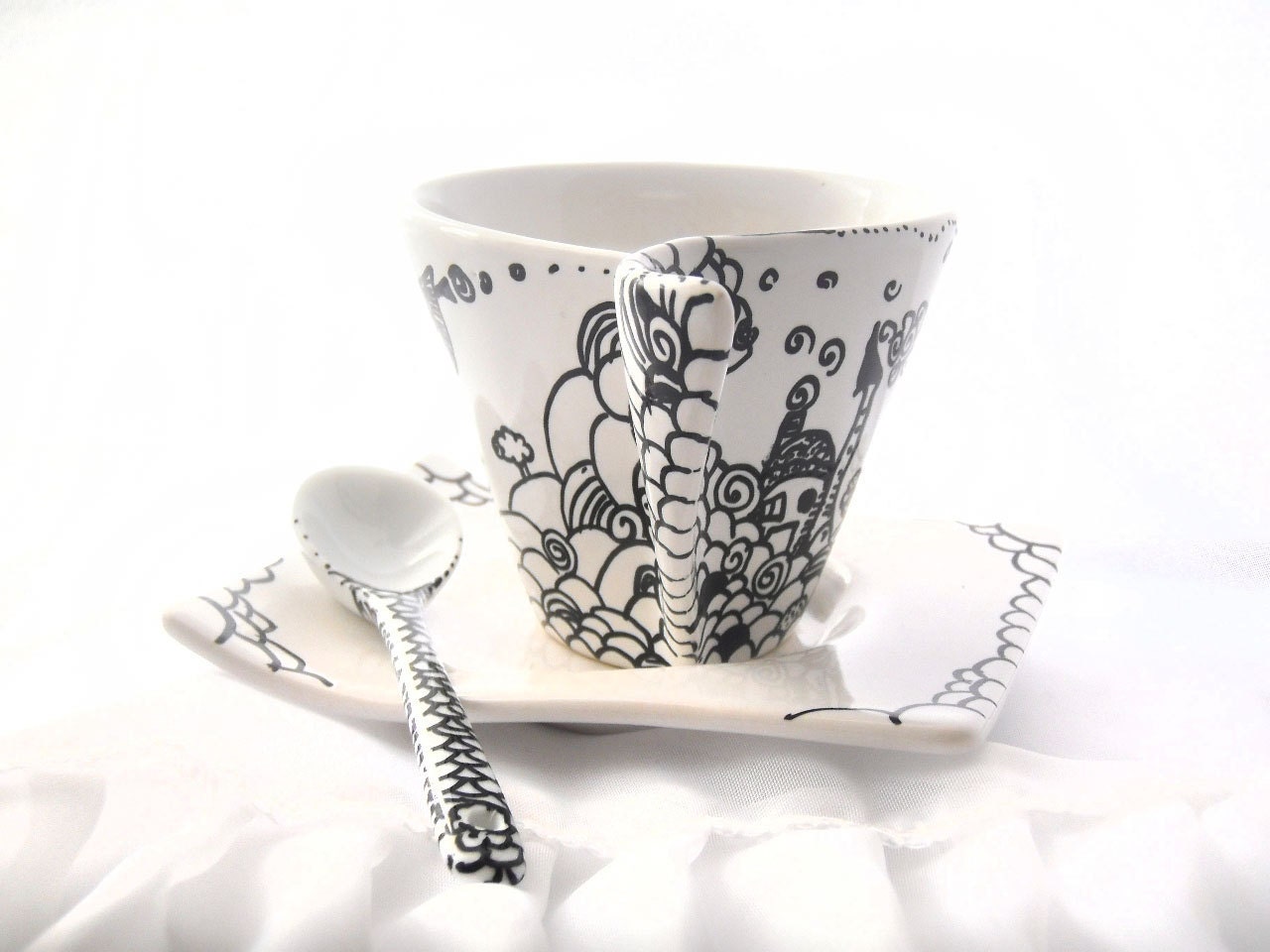 Hand painted Espresso coffee cup asymmetric with illustration of Cute Santa home, Santa's village