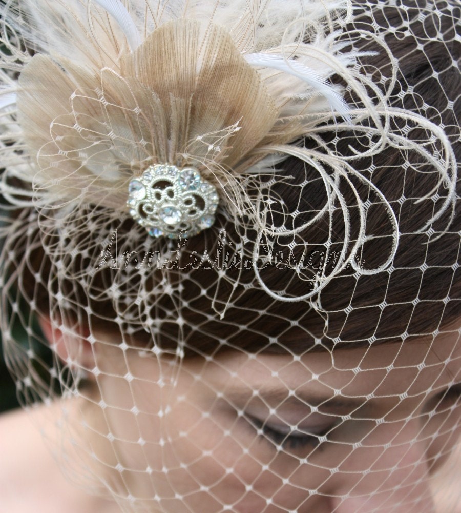 As Seen in Style Me Pretty -  Champagne Birdcage Veil with Feather Fascinator