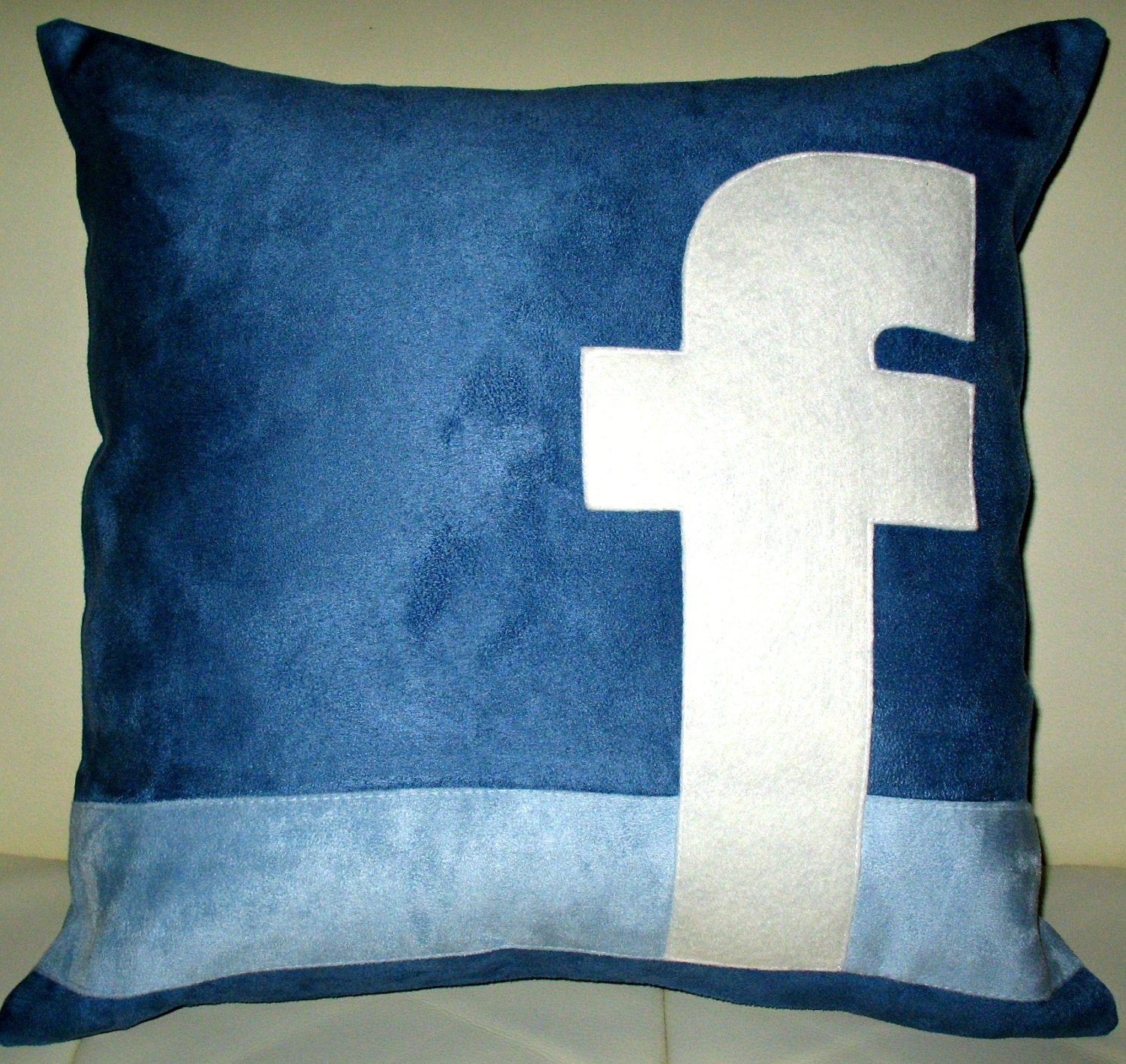 Free US shipping Unique Designer 16x16 Light and Dark Blue Suede Pillow Cover with  Facebook Icon  Applique