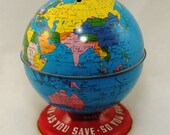 Coin Bank - Vintage Tin Litho Ohio Arts Co. 'World Bank' 1950's Savings Bank