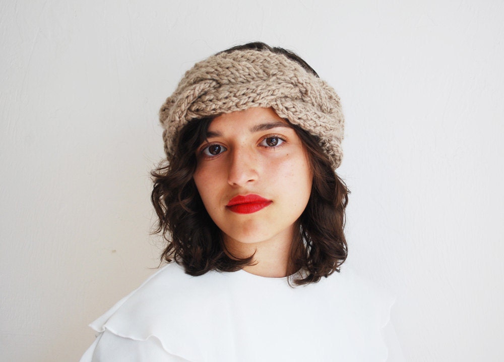 Braided Cable Turban Headband Hand Knit in Taupe - MADE TO ORDER