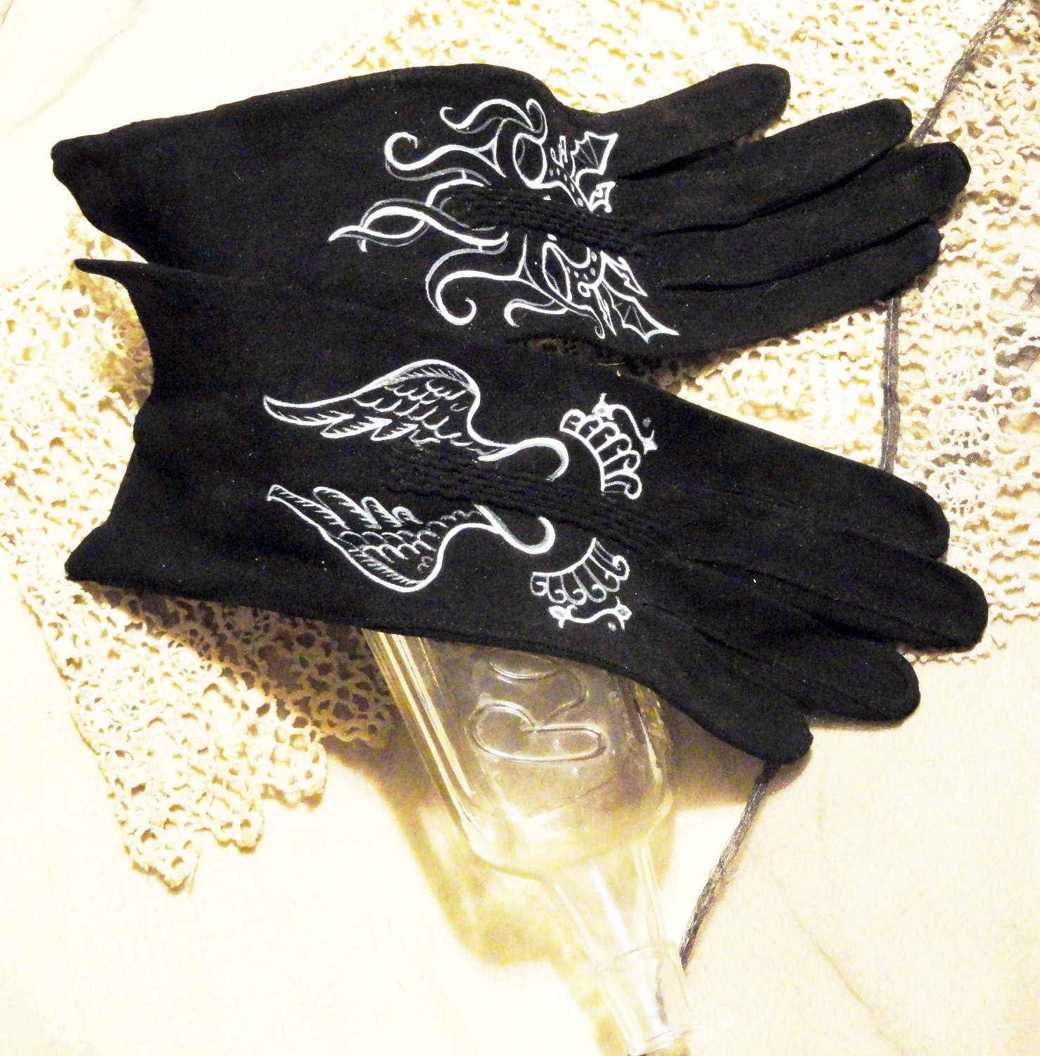 Steam Punk Gloves, angel / octopus, Vintage Victorian hand painted black leather