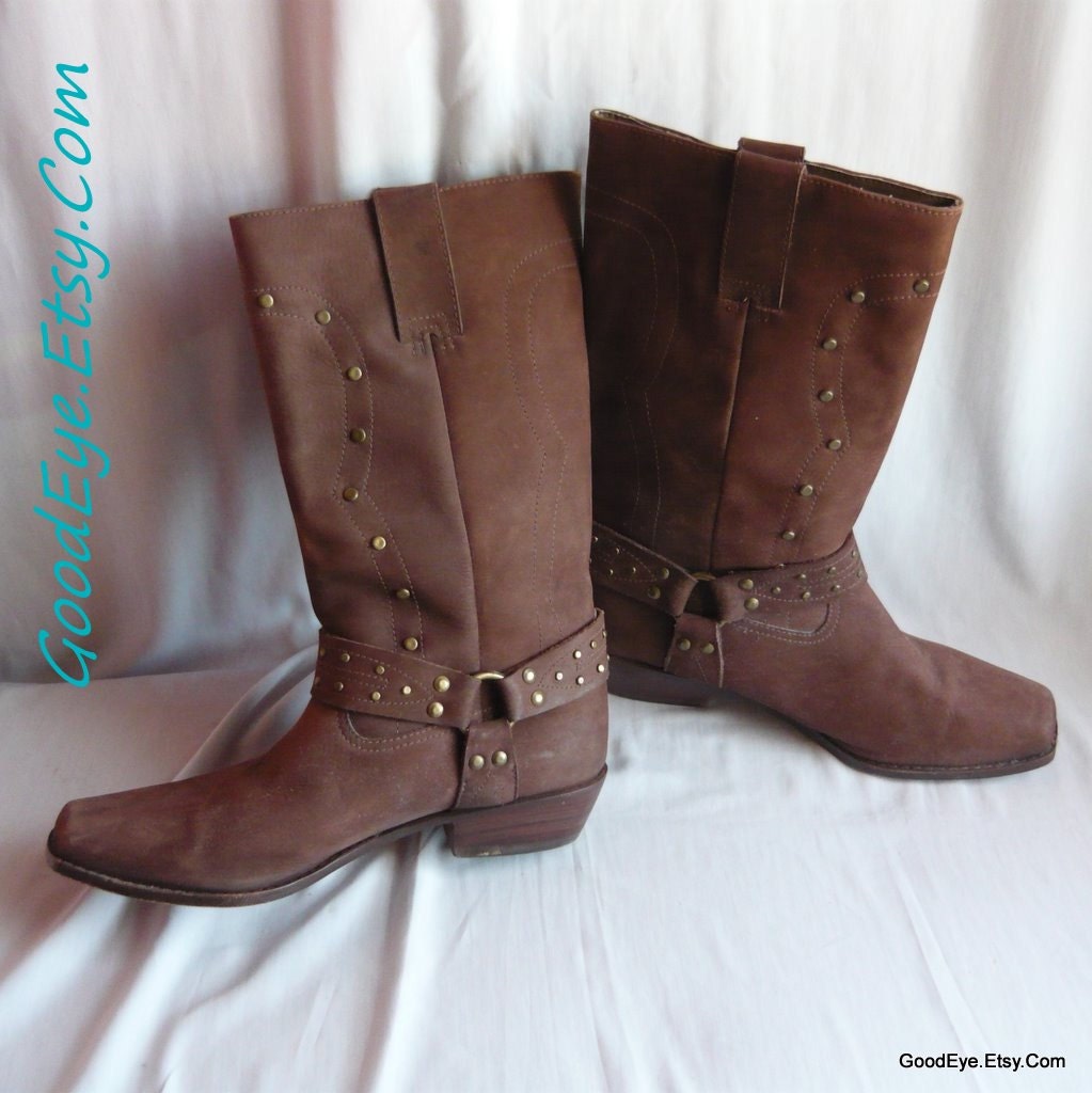Vintage Leather Harness Boots Mens 11 D Womens 12 .5  Eur 44 Brown Suede Nailhead