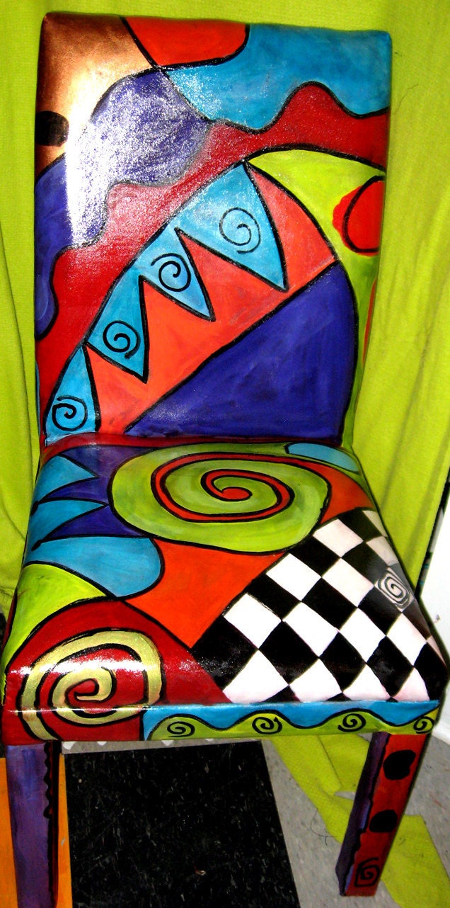 Original art Hand Painted leather Parsons chair OOAK
