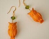 Vintage Owl and Swarovski Crystal Earrings - Yellow, Green and Gold