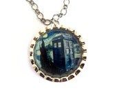 Doctor Who Inspired TARDIS Necklace, Van Gogh's Starry Night, Resin Silver BottleCap Police Box Pendant