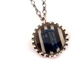 Dr Who Inspired TARDIS Necklace, Black & White Stripes, Resin Silver BottleCap Police Box Pendant