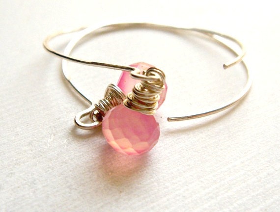 light honeysuckle pink quartz faceted onion briolettes on sterling silver hoops - rose bud earrings